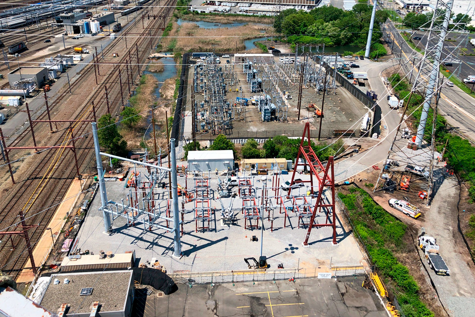 Aerial view of temporary substation in the foreground with existing substation in the background.