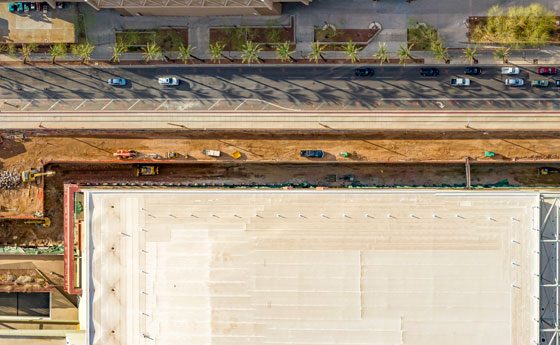 An aerial view of the Phoenix Convention Center shoring wall construction site.