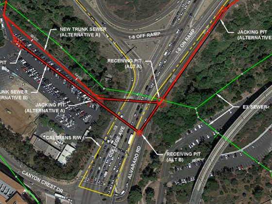 An aerial map of the project area with color lines showing existing and new sewer lines.