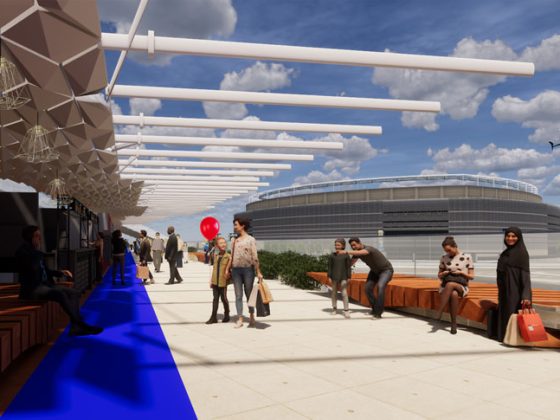 Pedestrians experience an array of spaces as they travel between MetLife Stadium and American Dream.