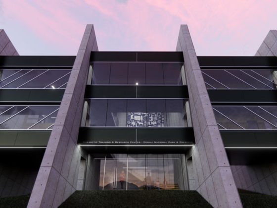 Architectural design of the exterior of the multi-story lobby entrance.