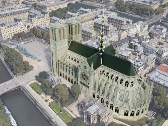 An architectural concept featuring the Notre-Dame Cathedral.