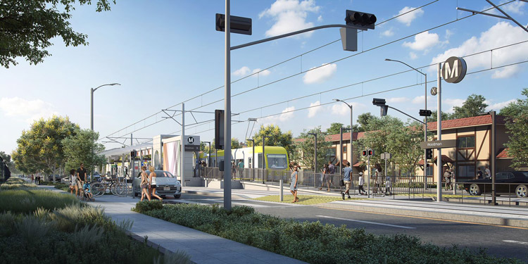 Rendering of a light rail train sitting at a station along a busy city street.