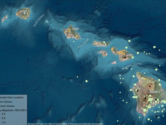 A map of the Hawaiian Islands is dotted with yellow squares, black and white triangles, and green dots to illustrate seismic activity in relation to dam locations.