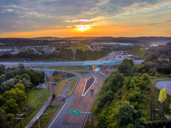 Sunrise image of the I-83 Exit 4 Improvements project showcasing the completed DDI and the western leg of PA 851.