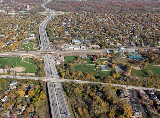 An aerial view of the I-294 Tollway.