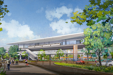 Rendering of a large, white train station with passengers walking and palm trees in the background.