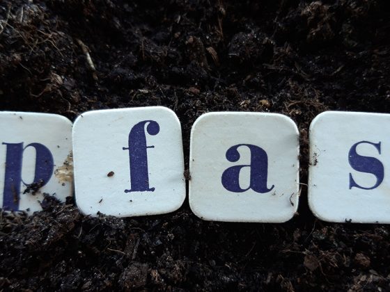 Four tiles spelling out PFAS surrounded by dirt.