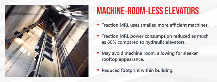 The tracks of a machine room less elevator lead up to a glass ceiling.