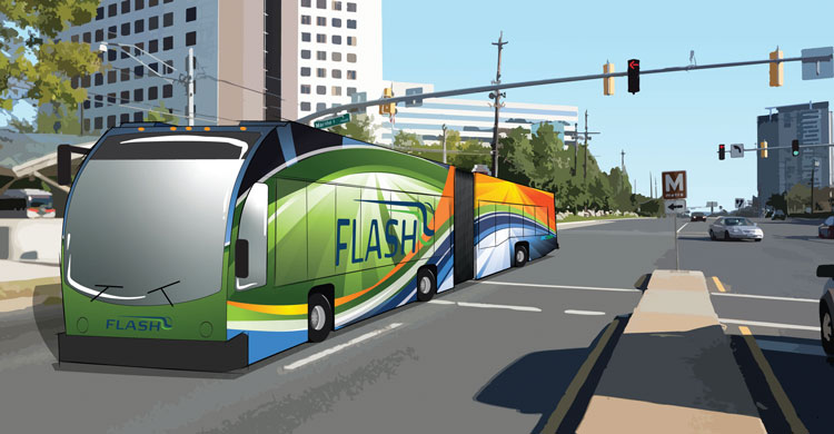 Rendering of a bus featuring a wavy orange, yellow, green, and blue pattern as part of the Flash BRT network in Montgomery County, Maryland.