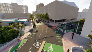 A rendering of a three-way street intersection in a downtown area with bike lanes, pedestrian crossings, and vehicle lanes