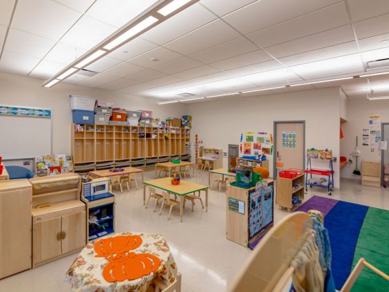 Interior view of a colorful classroom.