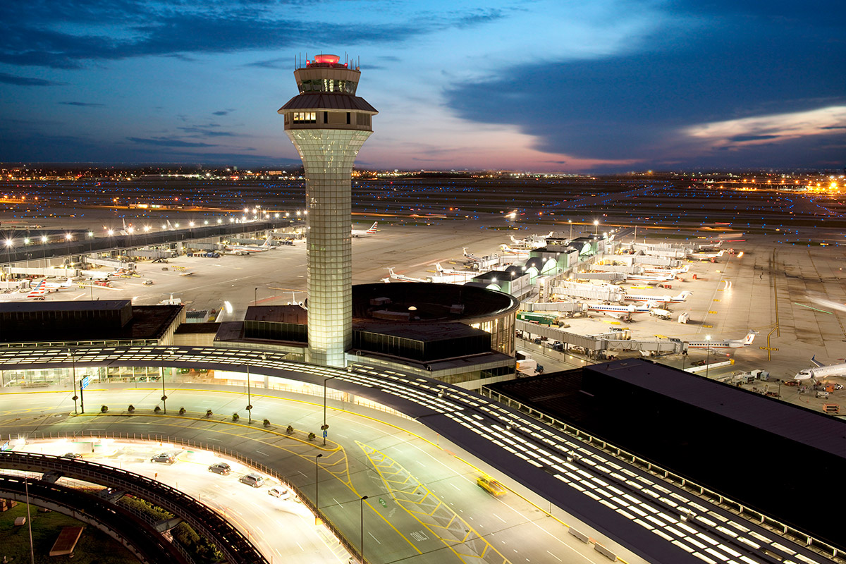 Chicago’s O’Hare International Airport tower at dusk.