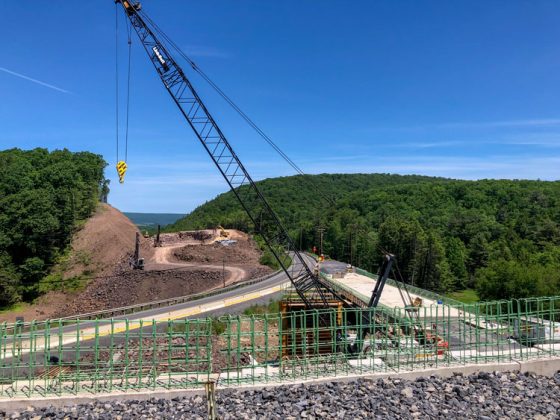 North view from the U.S. 322 abutment at the new SR 2015 bridge over Potter Run and gap earthwork.