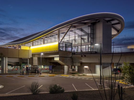 A view of the Rental Car Center station at dusk.