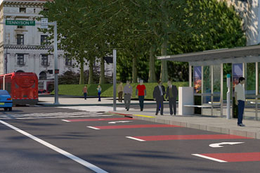 Rendering of a BRT corridor in Pittsburgh, with a rear view of a bus in a dedicated bus lane to the right as it departs a BRT station.