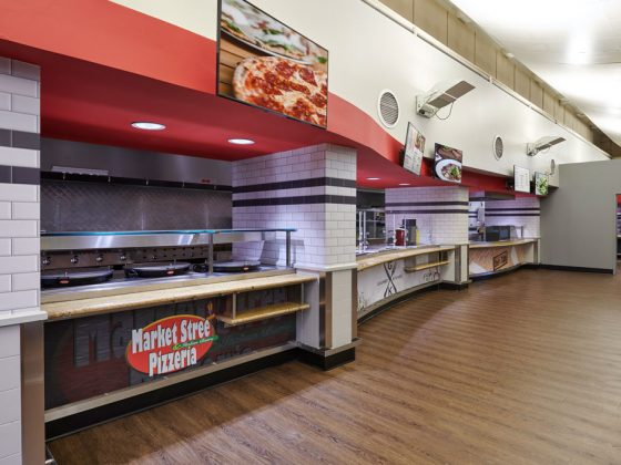 Food service counters in the Rutgers University-Camden Campus Dining Hall.