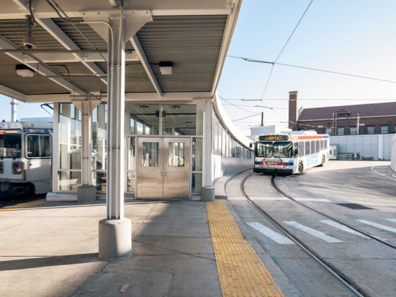 A bus approaches SEPTA’s 69th Street Transportation Center in Upper Darby, Pennsylvania.