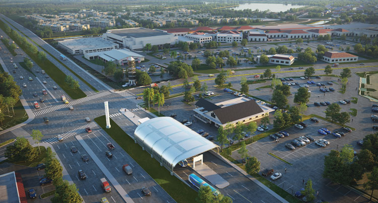 Aerial photo of the of the South Dade Transitway in Miami-Dade County, Florida, with a rendering of the BRT station and an approaching bus superimposed on the image.