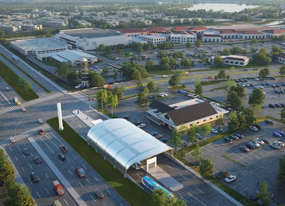 Aerial photo of the South Dade Transitway in Miami-Dade County, Fla., with a rendering of the BRT station and an approaching bus superimposed on the image.