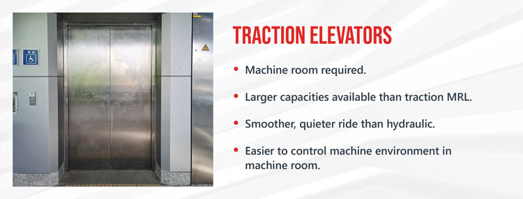 The closed doors of a traction elevator are shiny metal.