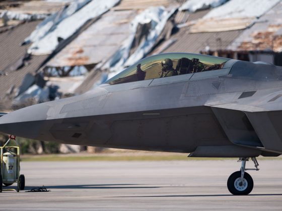 A pilot in the cockpit of a plane at Tyndall Air Force Base.