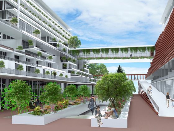 An unbuilt concept for a mixed-use development shows accessibility features such as ramps to connect residents to the community.