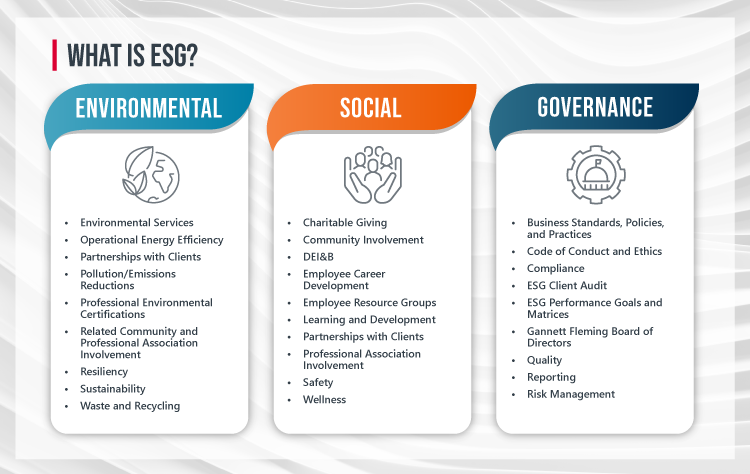 A chart divided into three sections with the title “What is ESG” and the section headings Environmental, Social, and Governance.